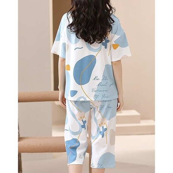 Cotton Women's Capri Pajama Set 2 Pcs Short Sleeve Top Capris pants Loungewear - Picture 6 of 9